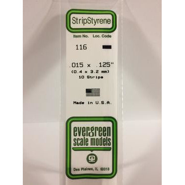 Evergreen #116 Styrene Strips: Dimensional 10 pack 0.015" (0.38mm) x 0.125" (3.2mm) x 14" (35cm)