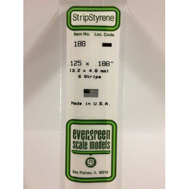 Evergreen #188 Styrene Strips: Dimensional 6 pack 0.125" (3.2mm) x 0.188" (4.8mm) x 14" (35cm)