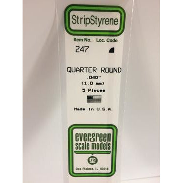 Evergreen #247 Styrene Shapes: Quarter Round 5 pack 0.040" (1.0mm) x 14" (35cm)