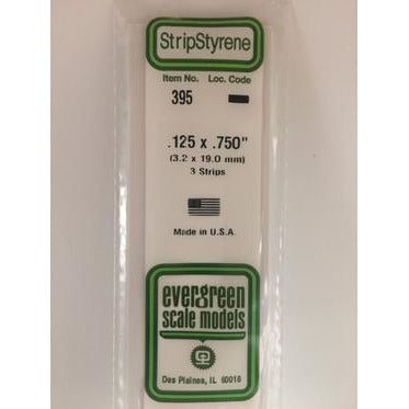 Evergreen #395 Styrene Strips: Dimensional 3 pack 0.125" (3.2mm) x 0.750" (19.0mm) x 24" (60cm)