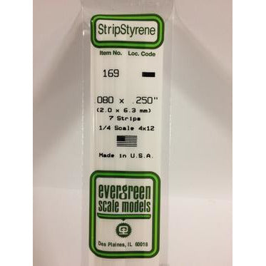 Evergreen #169 Styrene Strips: Dimensional 7 pack 0.080" (2.0mm) x 0.250" (6.3mm) x 14" (35cm)