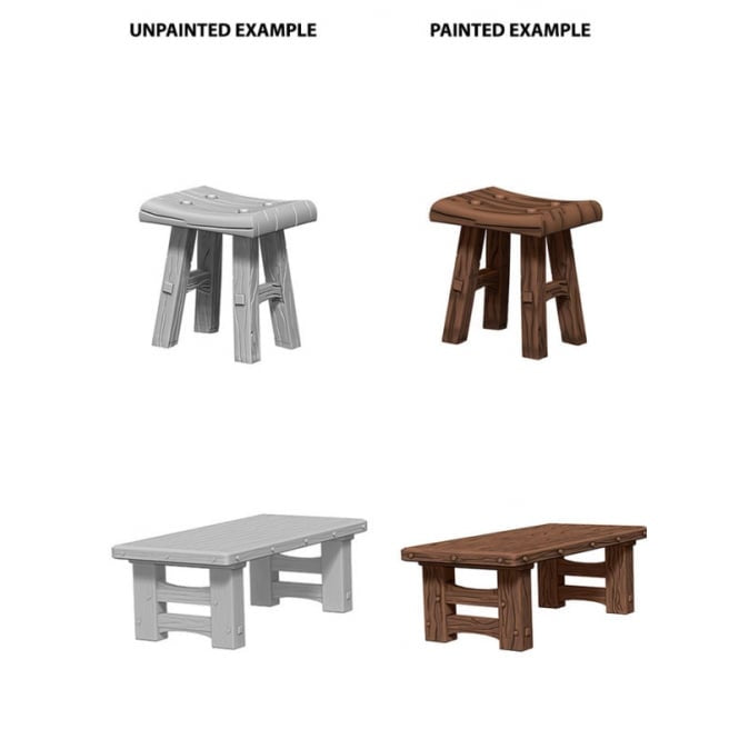D&D Unpainted Mini - Wooden Table and Stools 72593