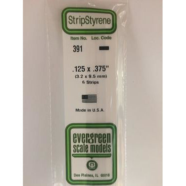 Evergreen #391 Styrene Strips: Dimensional 6 pack 0.125" (3.2mm) x 0.375" (9.5mm) x 24" (60cm)