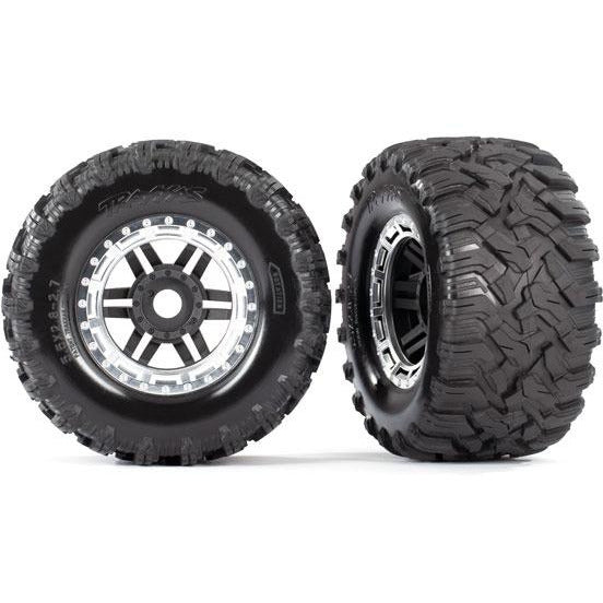 TRA8972X Tires & wheels, assembled, glued (black, satin chrome beadlock style wheels, Maxx MT tires, foam inserts) (2) (17mm splined) (TSM rated)