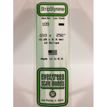 Evergreen #109 Styrene Strips: Dimensional 10 pack 0.010" (0.25mm) x 0.250" (6.3mm) x 14" (35cm)