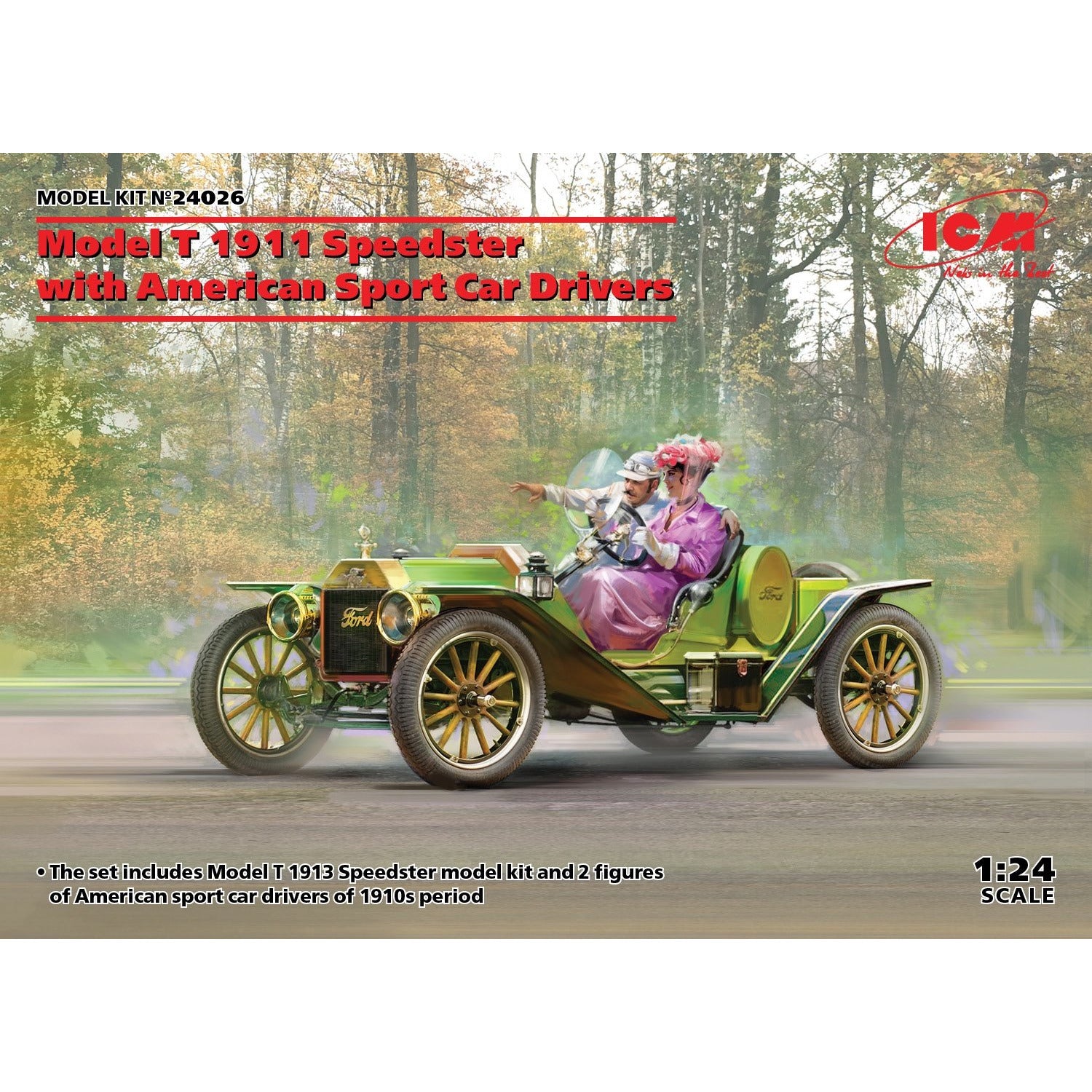 Model T 1913 Speedster with American Sport Car Drivers 1/24 Model Car Kit #24026 by ICM