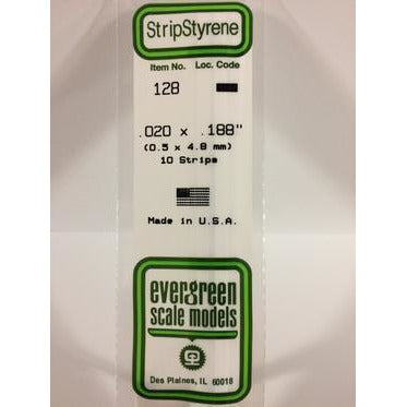 Styrene Strips: Dimensional #128 10 pack 0.020" (0.50mm) x 0.188" (4.8mm) x 14" (35cm) by Evergreen