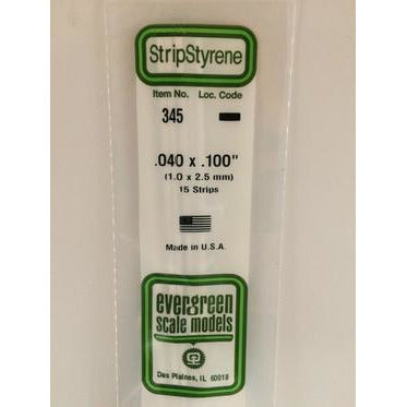 Evergreen #345 Styrene Strips: Dimensional 15 pack 0.040" (1.0mm) x 0.100" (2.5mm) X 24" (60cm)