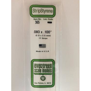 Evergreen #365 Styrene Strips: Dimensional 12 pack 0.080" (2.0mm) x 0.100" (2.5mm) x 24" (60cm)