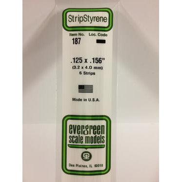 Evergreen #187 Styrene Strips: Dimensional 6 pack 0.125" (3.2mm) x 0.156" (4.0mm) x 14" (35cm)