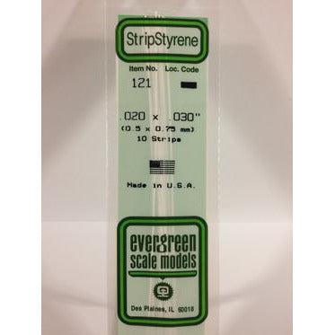 Evergreen #121 Styrene Strips: Dimensional 10 pack 0.020" (0.50mm) x 0.030" (0.75mm) x 14" (35cm)