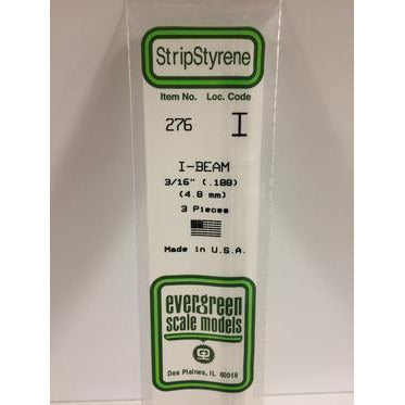 Evergreen #276 Styrene Shapes: I-Beam 3 pack 3/16" 0.188" (4.8mm) x W: 0.093" (2.4mm) x FT: 0.014" (0.36mm) x WT: 0.023" (0.58mm)