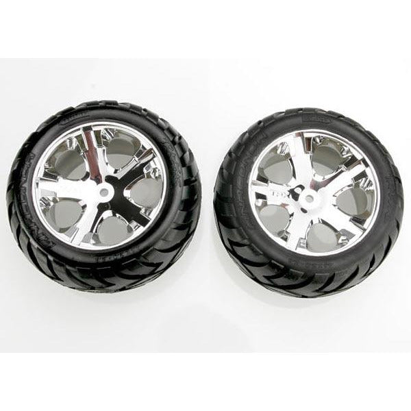 TRA3773 Anaconda Tires & wheels, assembled, glued (All Star chrome wheels, foam inserts) (electric rear) (1 left, 1 right)