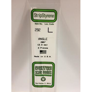 Styrene Shapes: Angle #292 4 pcs 0.080" (2.0mm) x 0.080" (2.0mm) x 0.16" (0.40mm) Thick by Evergreen
