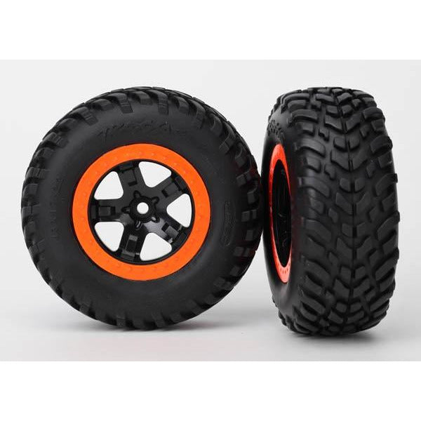 TRA5864 Tire & wheel black, orange beadlock wheels, SCT off-road racing tires (2WD front) TRA5864