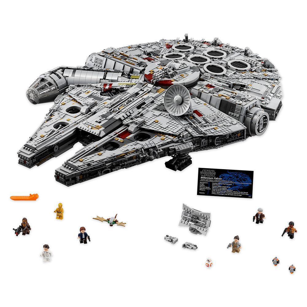 The LEGO UCS Millennium Falcon with all included accessories and figures.