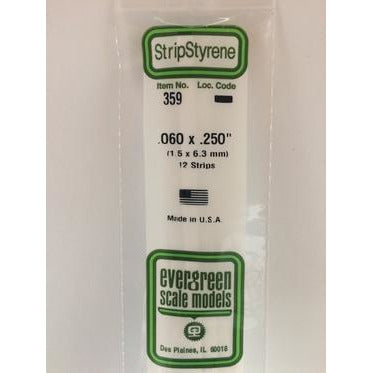 Evergreen #359 Styrene Strips: Dimensional 12 pack 0.060" (1.5mm) x 0.250" (6.3mm) x 24" (60cm)