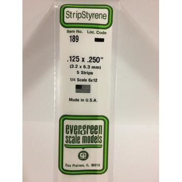 Evergreen #189 Styrene Strips: Dimensional 5 pack 0.125" (3.2mm) x 0.250" (6.3mm) x 14" (35cm)