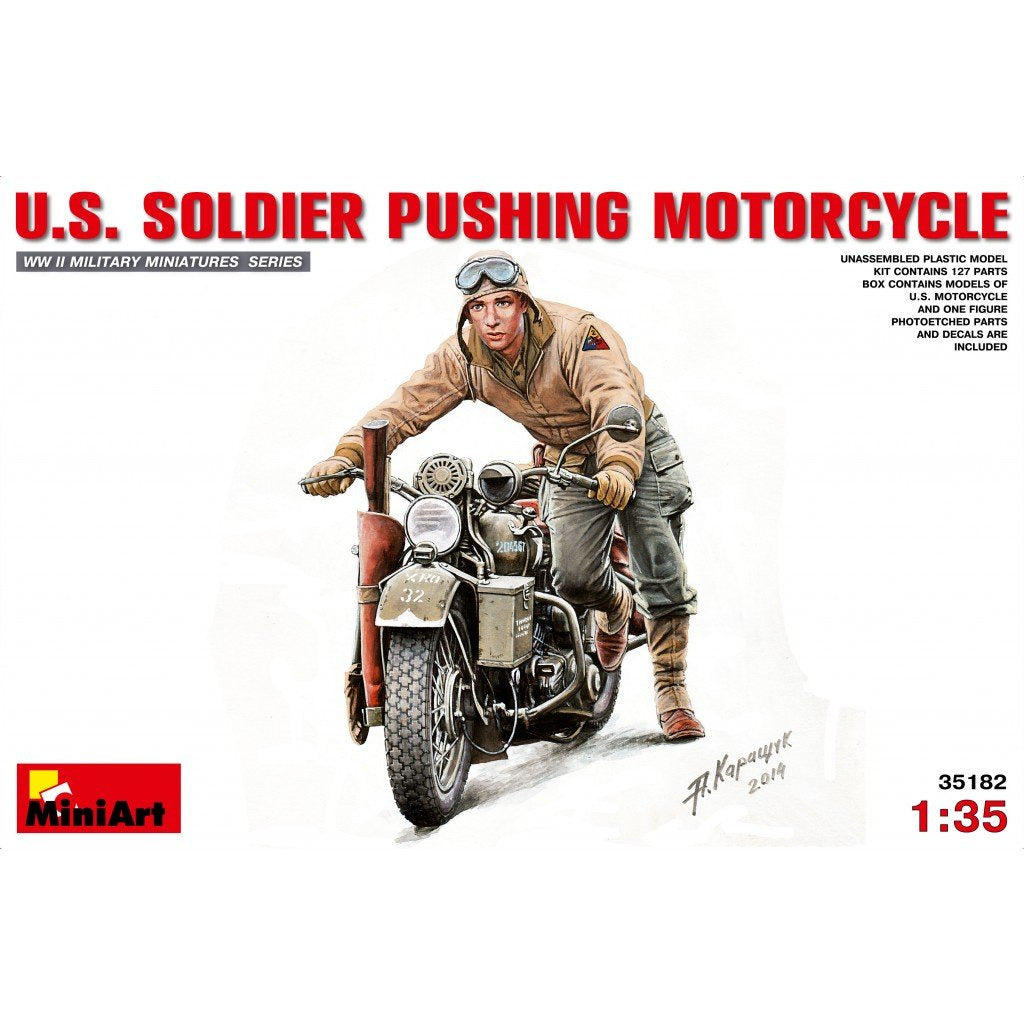 U.S. Soldier Pushing Motorcycle #35182 1/35 Figure Kit by MiniArt