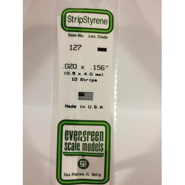 Evergreen #127 Styrene Strips: Dimensional 10 pack 0.020" (0.50mm) x 0.156" (4.00mm) x 14" (35cm)