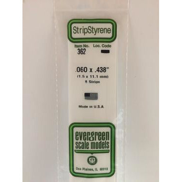 Evergreen #362 Styrene Strips: Dimensional 8 pack 0.060" (1.5mm) x 0.438" (11.1mm) x 24" (60cm)