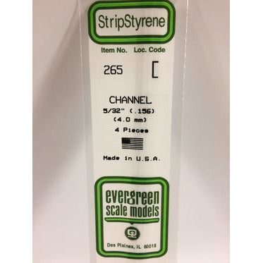 Evergreen #265 Styrene Shapes: Channel 4 pack 0.156" (4.0mm) x W: 0.053" (1.4mm) x FT: 0.014" (0.36mm) x WT: 0.022" (0.56mm)