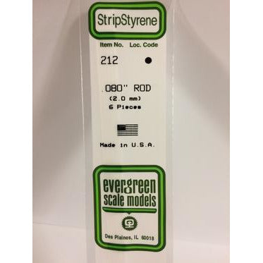 Evergreen #212 Styrene Rods: 6 pack 0.080" (2.0mm) OD x 14" (35cm)