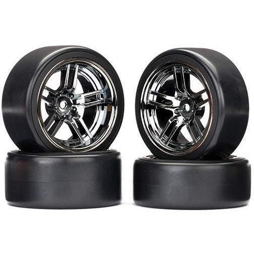 TRA8378 Tires and wheels, assembled, glued (split-spoke black chrome wheels, 1.9' Drift tires) (front and rear)