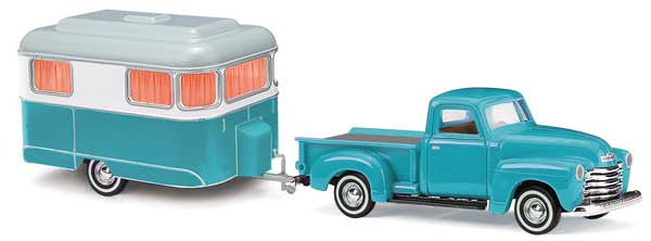 Busch 1950 Chevrolet Pickup Truck with Nagetusch Camper Trailer - Assembled #48243