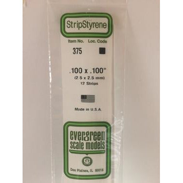 Evergreen #375 Styrene Strips: Dimensional 12 pack 0.100" (2.5mm) x 0.100" (2.5mm) x 24" (60cm)