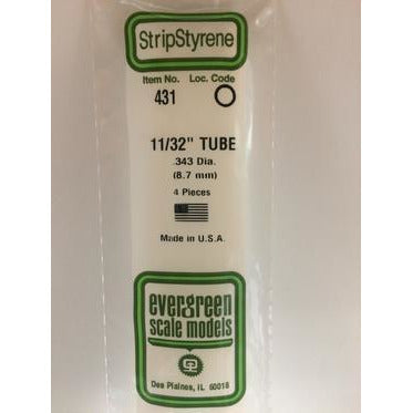 Evergreen #431 Styrene Tubes: Round 11/32" 4 pack 0.344" (8.3mm) OD x 24" (60cm)