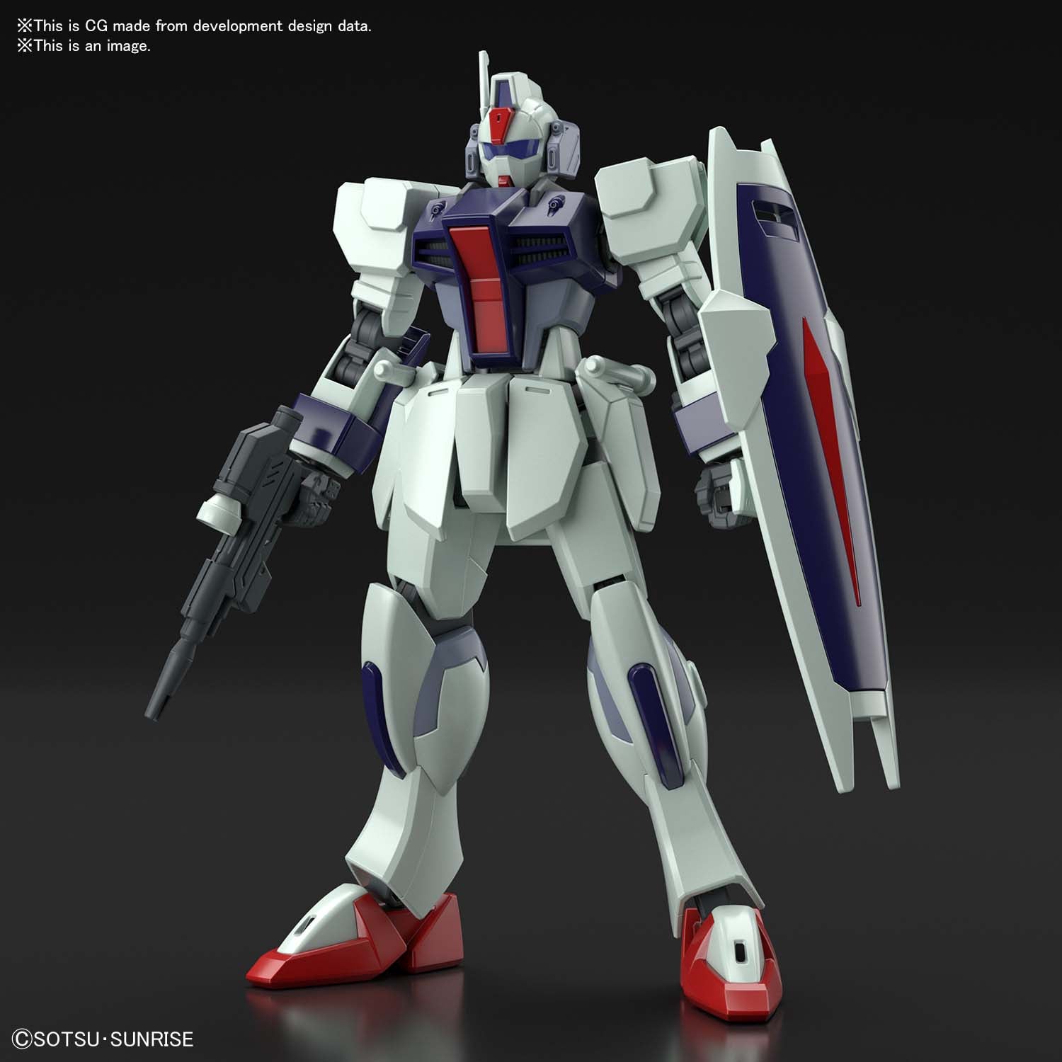 The HGCE Dagger L in standing pose with beam rifle and shield, as well as two beam sabers on its hips.