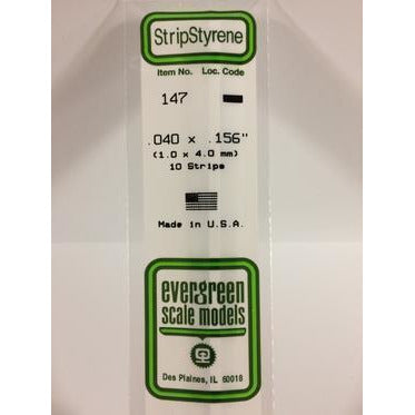Evergreen #147 Styrene Strips: Dimensional 10 pack 0.040" (1.0mm) x 0.156" (4.0mm) x 14" (35cm)