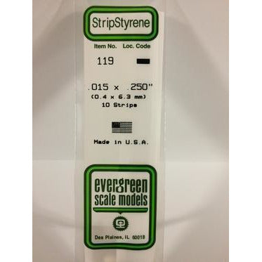 Evergreen #119 Styrene Strips: Dimensional 10 pack 0.015" (0.38mm) x 0.250" (6.3mm) x 14" (35cm)