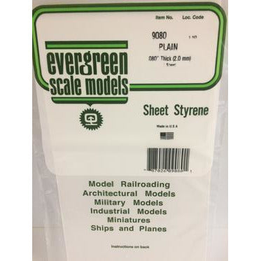 Evergreen #9080 Styrene Sheets: Plain 1 pack 0.080" (2.0mm) x 6" x 12"