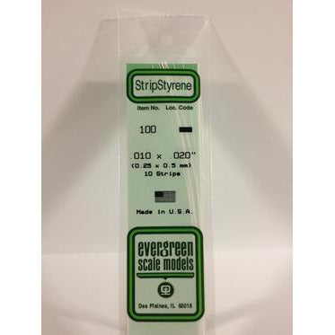 Styrene Strips: Dimensional #100 10 pack 0.010" (0.25mm) x 0.020" (0.50mm) x 14" (35cm) by Evergreen