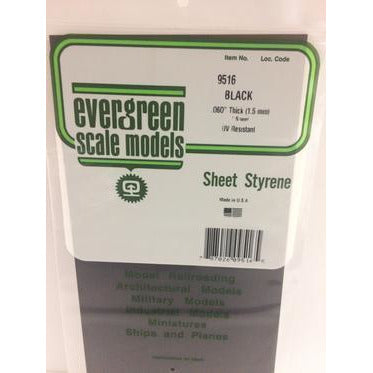 Evergreen #9516 Styrene Sheets: Black 1 pack 0.060" (1.5mm) Thick x 12" (31cm) x 6" (15cm)