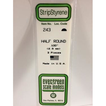 Styrene Shapes: Half Round #243 3 pack 0.100" (2.5mm) x 14" (35cm) by Evergreen