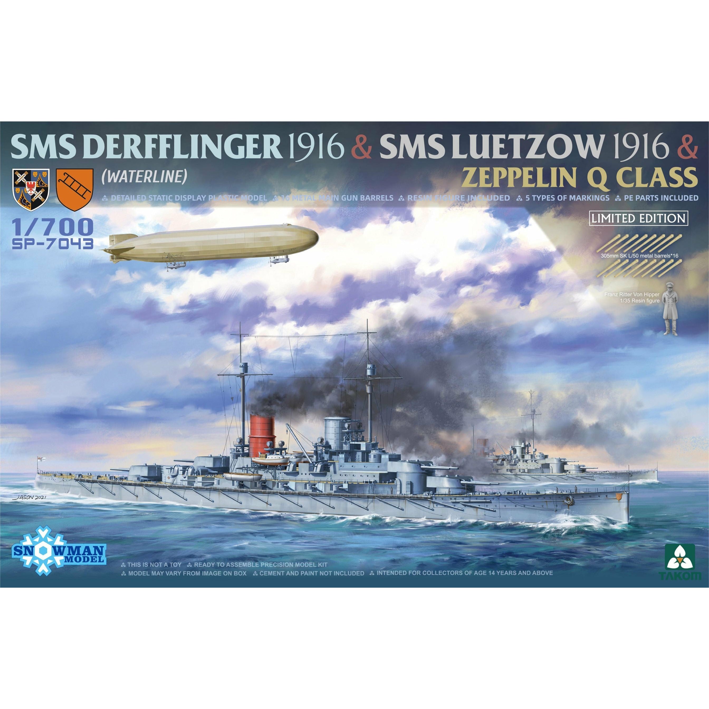 SMS Derfflinger 1916 & SMS Lützow 1916 & Zeppelin Q-class 1/700 Model Ship Kit #SP-7043 by Takom