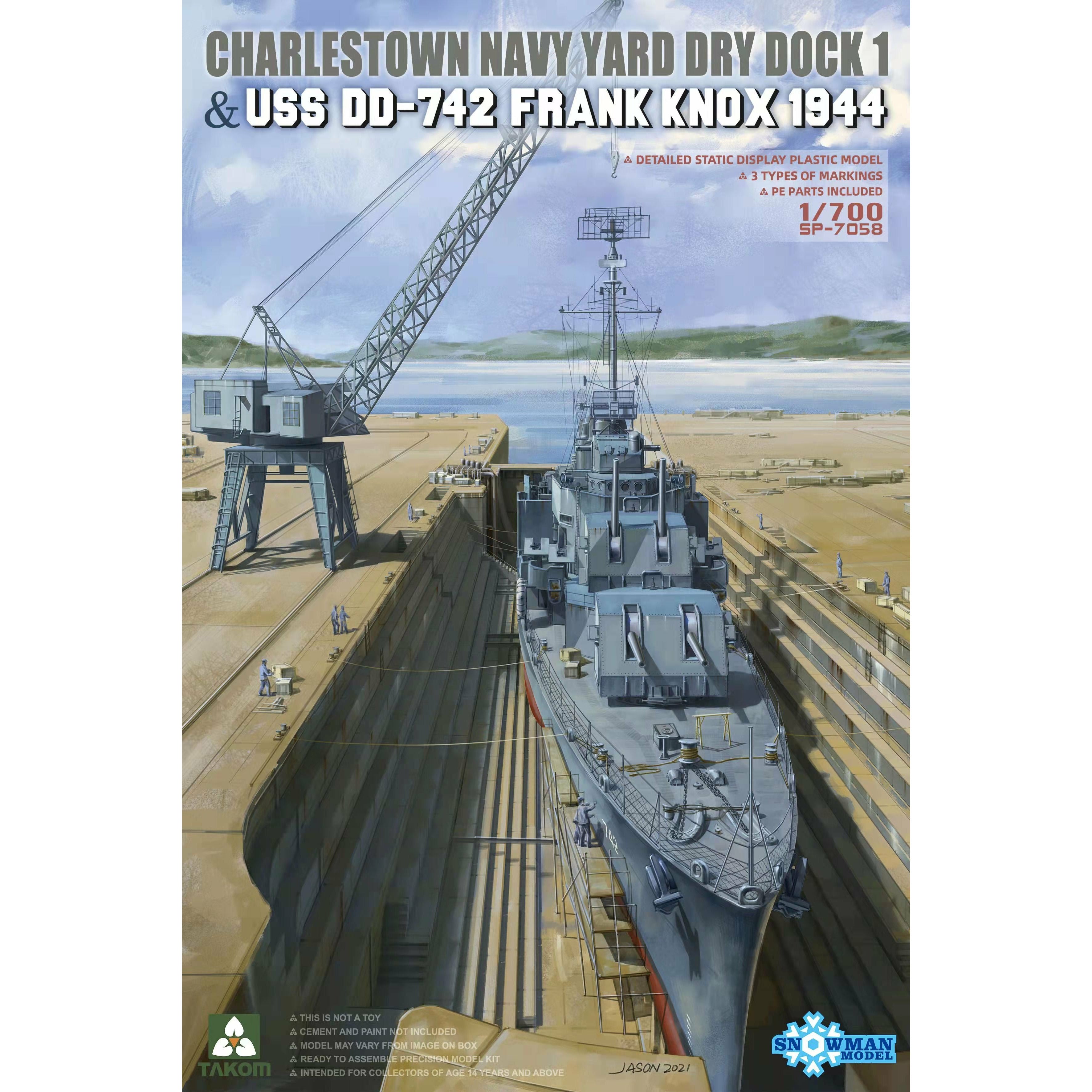 Charlestown Navy Yard Dry Dock 1 & USS DD-742 Frank Knox 1/700 Model Ship Kit #7058 by Takom
