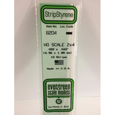 Evergreen #8204 Styrene Strips: HO 2x4 10 pack 0.022" (0.56mm) x 0.043" (1.09mm) x 14" (35cm)