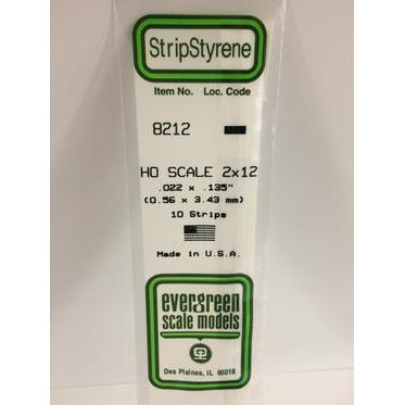 Evergreen #8212 Styrene Strips: HO 2x12 10 pack 0.022" (0.56mm) x 0.135" (3.43mm) x 14" (35cm)