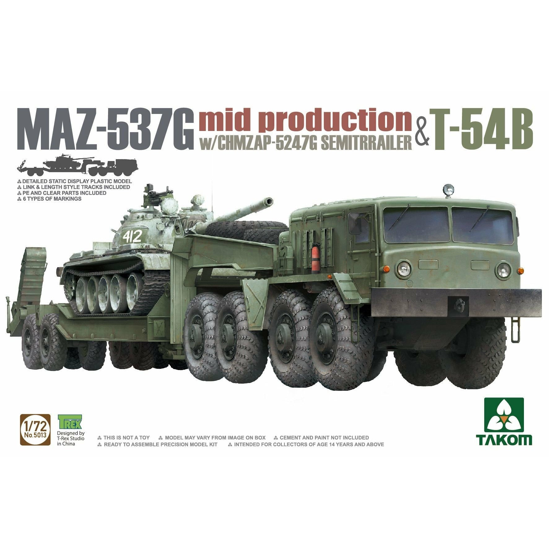MAZ-537G Mid Production w. CHMZAP-5247g Semitrailer & T-54B 1/72 #5013 by Takom