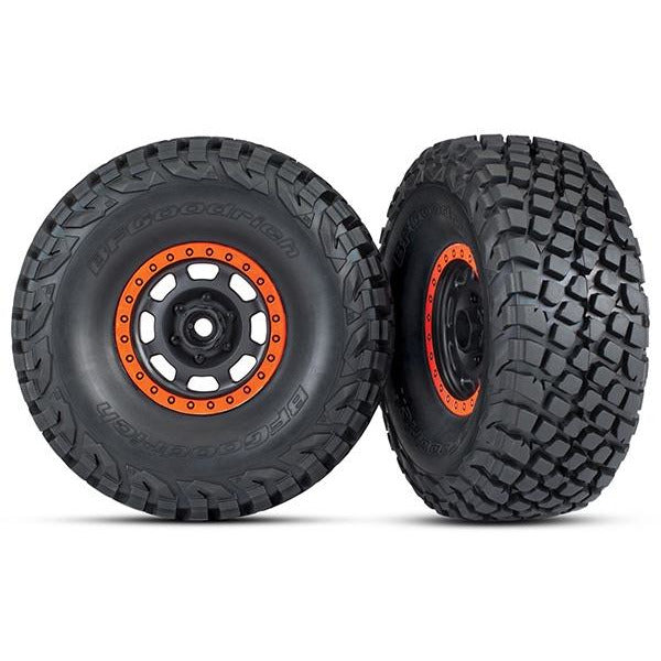 Traxxas Tires and wheels, assembled, glued (Desert Racer wheels, black with orange beadlock, BFGoodrich Baja KR3 tires) (2) TRA8472