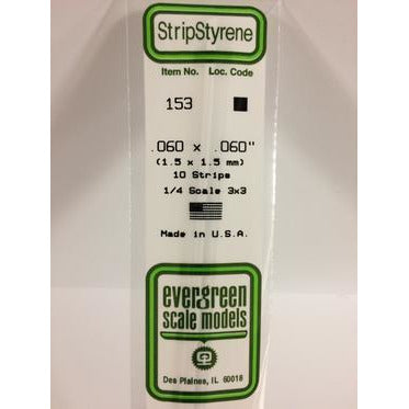Evergreen #153 Styrene Strips: Dimensional 10 pack 0.060" (1.5mm) x 0.060" (1.5mm) x 14" (35cm)