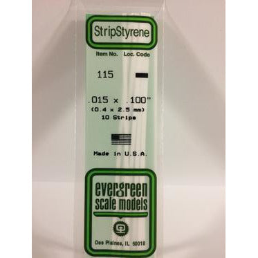 Evergreen #115 Styrene Strips: Dimensional 10 pack 0.015" (0.38mm) x 0.100" (2.5mm) x 14" (35cm)