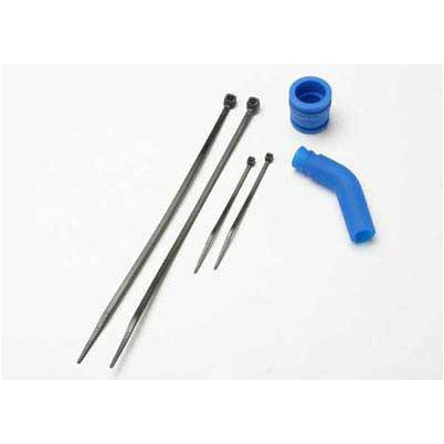 Traxxas Pipe coupler, molded (blue)/ exhaust deflecter (rubber, blue)/ cable ties, long (2)/ cable ties, short (2) TRA5245