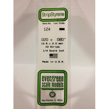 Evergreen #124 Styrene Strips: Dimensional 10 pack 0.020" (0.50mm) x 0.080" (2.0mm) x 14" (35cm)