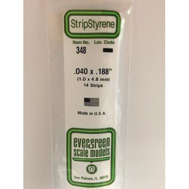 Evergreen #348 Styrene Strips: Dimensional 14 pack 0.040" (1.0mm) x 0.188" (4.8mm) X 24" (60cm)