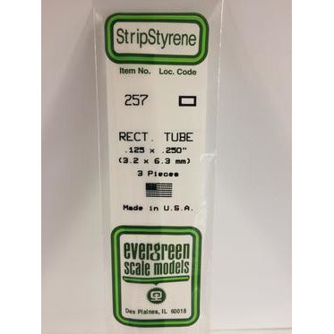 Evergreen #257 Styrene Tubes: Rectangular 3 pack 0.125" (3.2mm) x 0.250" (6.3mm) x 14" (35cm)